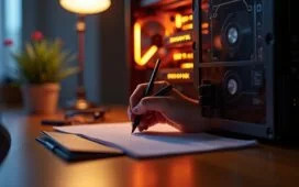 Ein hell erleuchteter moderner Schreibtisch mit aufgeschraubtem Computergehäuse, aus dem sorgfältig glänzende RAM-Riegel in lebendiger Nahaufnahme sichtbar sind, eingefangen in sanftem Tageslicht, das eine warme und einladende Atmosphäre schafft und die Bedeutung von Speichertechnik inmitten des dynamischen KI-Booms eindrucksvoll reflektiert.