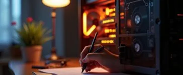 Ein hell erleuchteter moderner Schreibtisch mit aufgeschraubtem Computergehäuse, aus dem sorgfältig glänzende RAM-Riegel in lebendiger Nahaufnahme sichtbar sind, eingefangen in sanftem Tageslicht, das eine warme und einladende Atmosphäre schafft und die Bedeutung von Speichertechnik inmitten des dynamischen KI-Booms eindrucksvoll reflektiert.