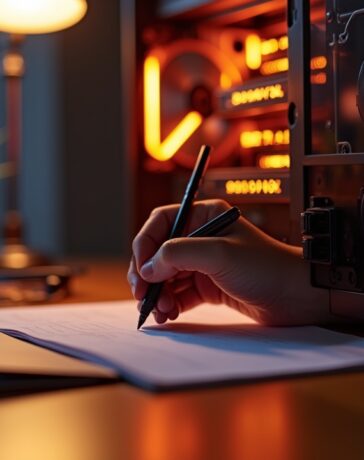 Ein hell erleuchteter moderner Schreibtisch mit aufgeschraubtem Computergehäuse, aus dem sorgfältig glänzende RAM-Riegel in lebendiger Nahaufnahme sichtbar sind, eingefangen in sanftem Tageslicht, das eine warme und einladende Atmosphäre schafft und die Bedeutung von Speichertechnik inmitten des dynamischen KI-Booms eindrucksvoll reflektiert.