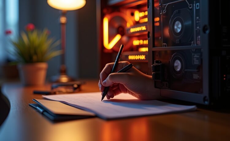 Ein hell erleuchteter moderner Schreibtisch mit aufgeschraubtem Computergehäuse, aus dem sorgfältig glänzende RAM-Riegel in lebendiger Nahaufnahme sichtbar sind, eingefangen in sanftem Tageslicht, das eine warme und einladende Atmosphäre schafft und die Bedeutung von Speichertechnik inmitten des dynamischen KI-Booms eindrucksvoll reflektiert.