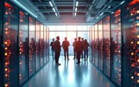 Ein warm ausgeleuchteter, moderner Serverraum mit strahlend weißen Wänden und glänzenden Hightech-Racks, vor denen Besucher in lebhaftem Austausch stehen und neugierig die digital vernetzte Infrastruktur entdecken, während weiches Tageslicht durch große Fenster fällt und eine Atmosphäre von Offenheit, Transparenz und Zukunftsgeist schafft.