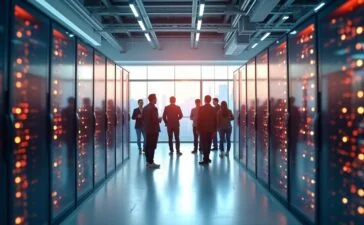 Ein warm ausgeleuchteter, moderner Serverraum mit strahlend weißen Wänden und glänzenden Hightech-Racks, vor denen Besucher in lebhaftem Austausch stehen und neugierig die digital vernetzte Infrastruktur entdecken, während weiches Tageslicht durch große Fenster fällt und eine Atmosphäre von Offenheit, Transparenz und Zukunftsgeist schafft.