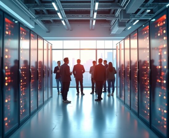 Ein warm ausgeleuchteter, moderner Serverraum mit strahlend weißen Wänden und glänzenden Hightech-Racks, vor denen Besucher in lebhaftem Austausch stehen und neugierig die digital vernetzte Infrastruktur entdecken, während weiches Tageslicht durch große Fenster fällt und eine Atmosphäre von Offenheit, Transparenz und Zukunftsgeist schafft.