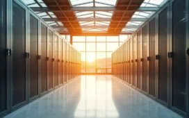 Ein strahlend helles, modernes Rechenzentrum mit großflächigen Glasfassaden, durch die warme Sonneneinstrahlung fällt, während Techniker im Team freundlich und konzentriert an nachhaltigen Energiesystemen arbeiten und damit den Übergang zu energieeffizienter Wärmenutzung lebendig verkörpern.