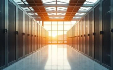 Ein strahlend helles, modernes Rechenzentrum mit großflächigen Glasfassaden, durch die warme Sonneneinstrahlung fällt, während Techniker im Team freundlich und konzentriert an nachhaltigen Energiesystemen arbeiten und damit den Übergang zu energieeffizienter Wärmenutzung lebendig verkörpern.