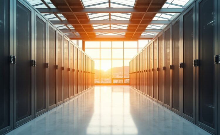 Ein strahlend helles, modernes Rechenzentrum mit großflächigen Glasfassaden, durch die warme Sonneneinstrahlung fällt, während Techniker im Team freundlich und konzentriert an nachhaltigen Energiesystemen arbeiten und damit den Übergang zu energieeffizienter Wärmenutzung lebendig verkörpern.