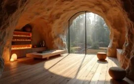 Ein lichtdurchfluteter, moderner Serverraum in einem unterirdischen Felskeller bei Luzern, in dem technische Raffinesse und heimelige Holz- sowie Steinakzente eine warme, vertrauensvolle Atmosphäre schaffen und die Schweizer Datenschutz-Souveränität symbolisieren.