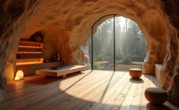 Ein lichtdurchfluteter, moderner Serverraum in einem unterirdischen Felskeller bei Luzern, in dem technische Raffinesse und heimelige Holz- sowie Steinakzente eine warme, vertrauensvolle Atmosphäre schaffen und die Schweizer Datenschutz-Souveränität symbolisieren.