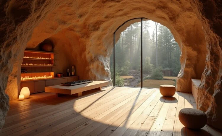 Ein lichtdurchfluteter, moderner Serverraum in einem unterirdischen Felskeller bei Luzern, in dem technische Raffinesse und heimelige Holz- sowie Steinakzente eine warme, vertrauensvolle Atmosphäre schaffen und die Schweizer Datenschutz-Souveränität symbolisieren.