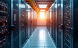 Ein strahlend helles, realistisch detailreiches Foto eines modernen Rechenzentrums mit gut sichtbaren Serverracks, warmem Sonnenlicht durch Fenster, das sanft die kühlen Metallflächen beleuchtet, während technische Sensoren und Lüfter subtil Bewegung andeuten – ein einladendes, futuristisches Bild, das die Innovation und Effizienz intelligenter KI-gesteuerter Kühlsysteme im Hightech-Umfeld lebendig spürbar macht.