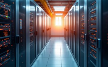 Ein strahlend helles, realistisch detailreiches Foto eines modernen Rechenzentrums mit gut sichtbaren Serverracks, warmem Sonnenlicht durch Fenster, das sanft die kühlen Metallflächen beleuchtet, während technische Sensoren und Lüfter subtil Bewegung andeuten – ein einladendes, futuristisches Bild, das die Innovation und Effizienz intelligenter KI-gesteuerter Kühlsysteme im Hightech-Umfeld lebendig spürbar macht.