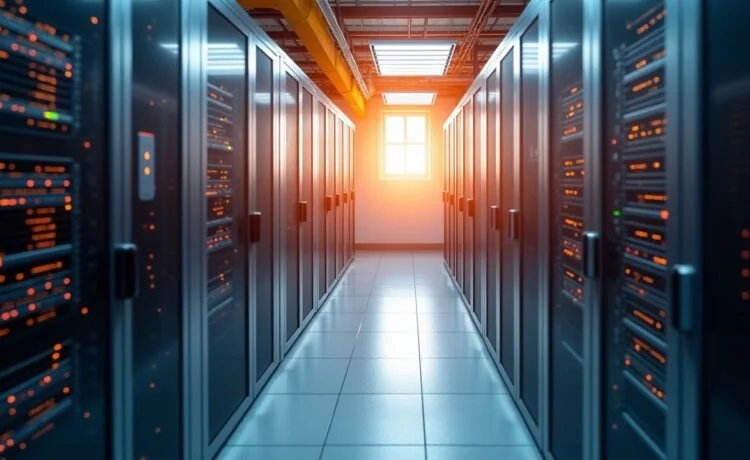 Ein strahlend helles, realistisch detailreiches Foto eines modernen Rechenzentrums mit gut sichtbaren Serverracks, warmem Sonnenlicht durch Fenster, das sanft die kühlen Metallflächen beleuchtet, während technische Sensoren und Lüfter subtil Bewegung andeuten – ein einladendes, futuristisches Bild, das die Innovation und Effizienz intelligenter KI-gesteuerter Kühlsysteme im Hightech-Umfeld lebendig spürbar macht.