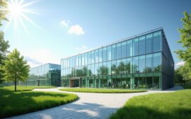 Ein sonnendurchfluteter, moderner Rechenzentrumscampus in Leipzig mit weitläufigen Glasfassaden, umgeben von grüner Landschaft und blühenden Bäumen, unter einem strahlend blauen Himmel, der zukunftsweisende Technologie und nachhaltige Energieharmonie in einer offenen, einladenden Atmosphäre vermittelt.