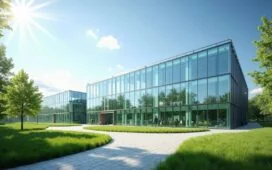 Ein sonnendurchfluteter, moderner Rechenzentrumscampus in Leipzig mit weitläufigen Glasfassaden, umgeben von grüner Landschaft und blühenden Bäumen, unter einem strahlend blauen Himmel, der zukunftsweisende Technologie und nachhaltige Energieharmonie in einer offenen, einladenden Atmosphäre vermittelt.