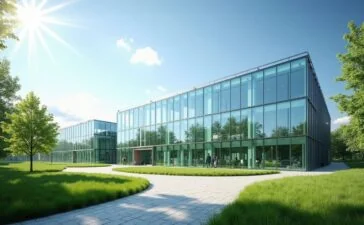 Ein sonnendurchfluteter, moderner Rechenzentrumscampus in Leipzig mit weitläufigen Glasfassaden, umgeben von grüner Landschaft und blühenden Bäumen, unter einem strahlend blauen Himmel, der zukunftsweisende Technologie und nachhaltige Energieharmonie in einer offenen, einladenden Atmosphäre vermittelt.