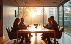 Ein warm beleuchtetes, modernes Besprechungszimmer mit einem interdisziplinären Team aus Juristen, Entwicklern und Ethikexperten, das konzentriert und optimistisch zusammen an digitaler KI-Governance arbeitet – ein harmonisches Zusammenspiel von Mensch, Technologie und zukunftsweisender Rechtsberatung in natürlichem Tageslicht.