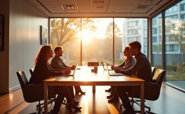 Ein warm beleuchtetes, modernes Besprechungszimmer mit einem interdisziplinären Team aus Juristen, Entwicklern und Ethikexperten, das konzentriert und optimistisch zusammen an digitaler KI-Governance arbeitet – ein harmonisches Zusammenspiel von Mensch, Technologie und zukunftsweisender Rechtsberatung in natürlichem Tageslicht.