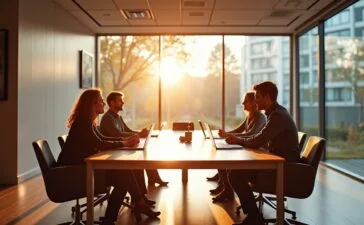 Ein warm beleuchtetes, modernes Besprechungszimmer mit einem interdisziplinären Team aus Juristen, Entwicklern und Ethikexperten, das konzentriert und optimistisch zusammen an digitaler KI-Governance arbeitet – ein harmonisches Zusammenspiel von Mensch, Technologie und zukunftsweisender Rechtsberatung in natürlichem Tageslicht.