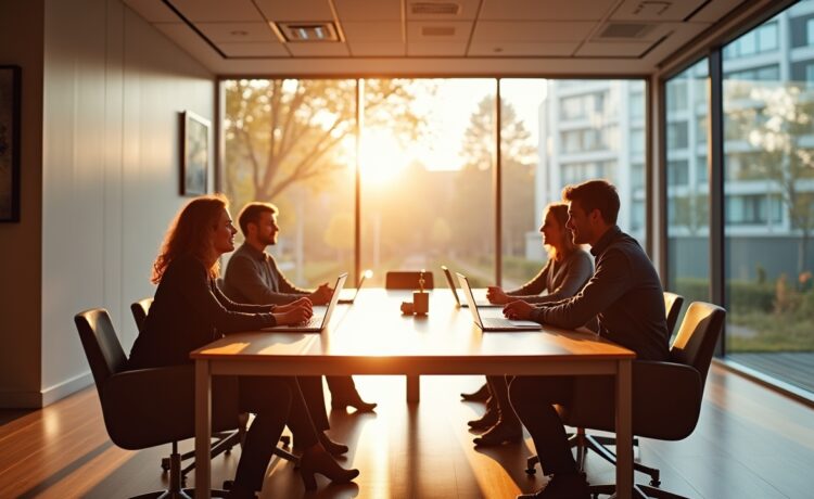 Ein warm beleuchtetes, modernes Besprechungszimmer mit einem interdisziplinären Team aus Juristen, Entwicklern und Ethikexperten, das konzentriert und optimistisch zusammen an digitaler KI-Governance arbeitet – ein harmonisches Zusammenspiel von Mensch, Technologie und zukunftsweisender Rechtsberatung in natürlichem Tageslicht.