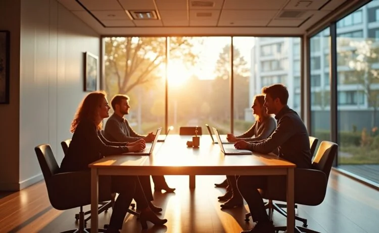 Ein warm beleuchtetes, modernes Besprechungszimmer mit einem interdisziplinären Team aus Juristen, Entwicklern und Ethikexperten, das konzentriert und optimistisch zusammen an digitaler KI-Governance arbeitet – ein harmonisches Zusammenspiel von Mensch, Technologie und zukunftsweisender Rechtsberatung in natürlichem Tageslicht.