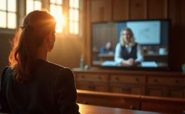 Im warm erleuchteten Gerichtssaal steht eine nachdenkliche Richterin vor einem Bildschirm, auf dem sich ein unscharfer, digital manipulierter Videoausschnitt abzeichnet, während Sonnenlicht durch hohe Fenster fällt und eine Atmosphäre der Spannung zwischen Technik und Recht schafft.