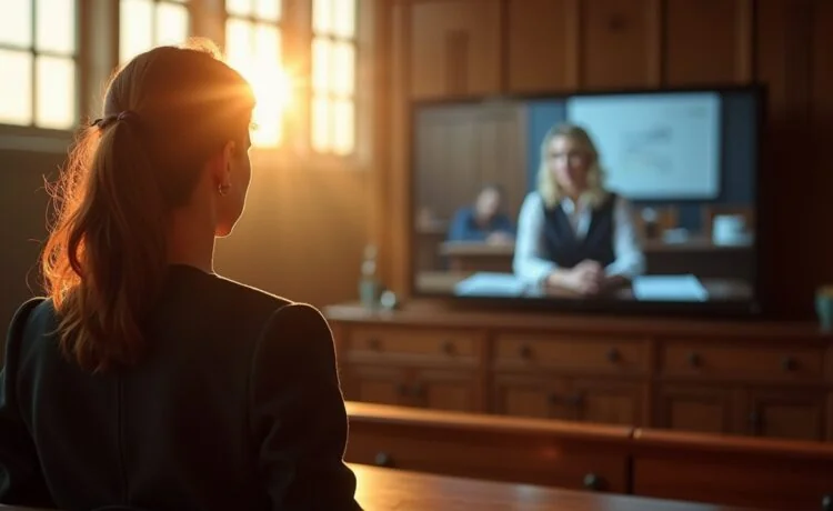 Im warm erleuchteten Gerichtssaal steht eine nachdenkliche Richterin vor einem Bildschirm, auf dem sich ein unscharfer, digital manipulierter Videoausschnitt abzeichnet, während Sonnenlicht durch hohe Fenster fällt und eine Atmosphäre der Spannung zwischen Technik und Recht schafft.