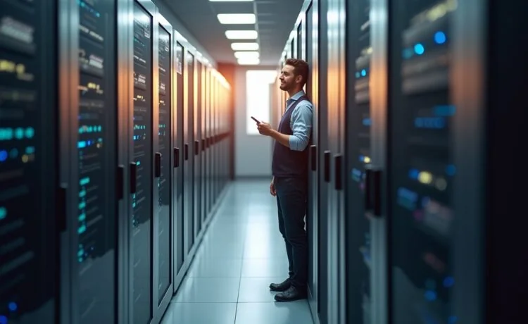 Ein lichtdurchfluteter, moderner Serverraum mit glänzenden Racks, in dem freundlich lächelnde Techniker entspannt und konzentriert an hochverfügbaren, redundanten Systemen arbeiten – strahlende Natürlichkeit und warme Farbtöne verleihen der Szene eine einladende, vertrauensvolle Atmosphäre.