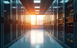 Hell erleuchteter, moderner Serverraum mit glänzenden, sorgfältig angeordneten KI-Hardware-Komponenten, in dem natürliches Tageslicht durch große Fenster fällt und eine warme, einladende Atmosphäre erzeugt, die nachhaltige Technologie und zukunftsweisende Innovation harmonisch verbindet.