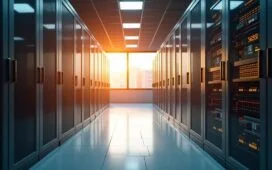 Hell erleuchteter, moderner Serverraum mit glänzenden, sorgfältig angeordneten KI-Hardware-Komponenten, in dem natürliches Tageslicht durch große Fenster fällt und eine warme, einladende Atmosphäre erzeugt, die nachhaltige Technologie und zukunftsweisende Innovation harmonisch verbindet.