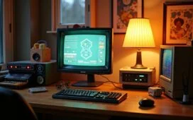 Ein warm beleuchteter, lebendiger Arbeitsplatz mit liebevoll restaurierter Retro-Technik wie einem leuchtenden ZX Spectrum, einem nostalgischen Röhrenmonitor und einem sorgfältig zusammengesetzten LEGO-Modell, eingefangen in natürlichem Tageslicht, das die Verbindung von vintage Charme und nachhaltiger digitaler Archäologie stimmungsvoll unterstreicht.