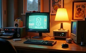 Ein warm beleuchteter, lebendiger Arbeitsplatz mit liebevoll restaurierter Retro-Technik wie einem leuchtenden ZX Spectrum, einem nostalgischen Röhrenmonitor und einem sorgfältig zusammengesetzten LEGO-Modell, eingefangen in natürlichem Tageslicht, das die Verbindung von vintage Charme und nachhaltiger digitaler Archäologie stimmungsvoll unterstreicht.