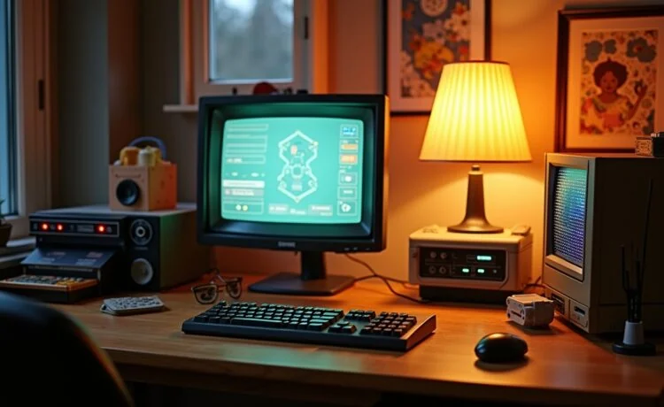 Ein warm beleuchteter, lebendiger Arbeitsplatz mit liebevoll restaurierter Retro-Technik wie einem leuchtenden ZX Spectrum, einem nostalgischen Röhrenmonitor und einem sorgfältig zusammengesetzten LEGO-Modell, eingefangen in natürlichem Tageslicht, das die Verbindung von vintage Charme und nachhaltiger digitaler Archäologie stimmungsvoll unterstreicht.