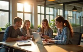 Ein freundliches, lichtdurchflutetes Szenario zeigt eine diverse Gruppe junger Menschen in einem modernen, offenen Büro, die konzentriert an ihren Smartphones und Laptops arbeiten, während durch große Fenster warmes Tageslicht auf helle Holzmöbel und grüne Pflanzen fällt – ein harmonisches Bild digitaler Vernetzung, Offenheit und vertrauensvoller Kommunikation im Zeitalter neuer WhatsApp-Technologien.