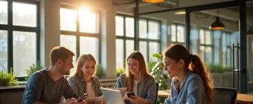 Ein freundliches, lichtdurchflutetes Szenario zeigt eine diverse Gruppe junger Menschen in einem modernen, offenen Büro, die konzentriert an ihren Smartphones und Laptops arbeiten, während durch große Fenster warmes Tageslicht auf helle Holzmöbel und grüne Pflanzen fällt – ein harmonisches Bild digitaler Vernetzung, Offenheit und vertrauensvoller Kommunikation im Zeitalter neuer WhatsApp-Technologien.