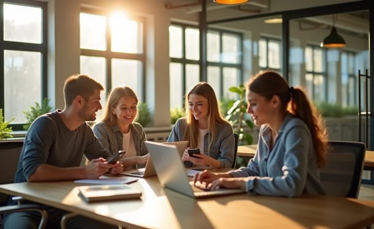 Ein freundliches, lichtdurchflutetes Szenario zeigt eine diverse Gruppe junger Menschen in einem modernen, offenen Büro, die konzentriert an ihren Smartphones und Laptops arbeiten, während durch große Fenster warmes Tageslicht auf helle Holzmöbel und grüne Pflanzen fällt – ein harmonisches Bild digitaler Vernetzung, Offenheit und vertrauensvoller Kommunikation im Zeitalter neuer WhatsApp-Technologien.