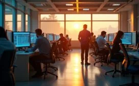 Ein heller, lebendiger Laborraum bei Tageslicht, in dem Forschende verschiedener Fachrichtungen konzentriert an Bildschirmen mit komplexen Datenmodellen und neuronalen Netzwerken arbeiten, während warme Sonnenstrahlen durch große Fenster fallen und eine Atmosphäre von Neugier, Fortschritt und vertrauensvoller Zusammenarbeit schaffen.