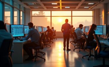 Ein heller, lebendiger Laborraum bei Tageslicht, in dem Forschende verschiedener Fachrichtungen konzentriert an Bildschirmen mit komplexen Datenmodellen und neuronalen Netzwerken arbeiten, während warme Sonnenstrahlen durch große Fenster fallen und eine Atmosphäre von Neugier, Fortschritt und vertrauensvoller Zusammenarbeit schaffen.