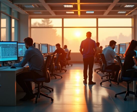 Ein heller, lebendiger Laborraum bei Tageslicht, in dem Forschende verschiedener Fachrichtungen konzentriert an Bildschirmen mit komplexen Datenmodellen und neuronalen Netzwerken arbeiten, während warme Sonnenstrahlen durch große Fenster fallen und eine Atmosphäre von Neugier, Fortschritt und vertrauensvoller Zusammenarbeit schaffen.