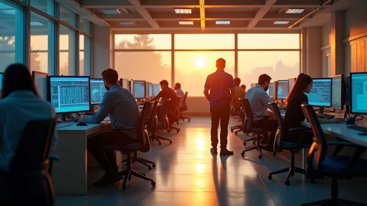 Ein heller, lebendiger Laborraum bei Tageslicht, in dem Forschende verschiedener Fachrichtungen konzentriert an Bildschirmen mit komplexen Datenmodellen und neuronalen Netzwerken arbeiten, während warme Sonnenstrahlen durch große Fenster fallen und eine Atmosphäre von Neugier, Fortschritt und vertrauensvoller Zusammenarbeit schaffen.