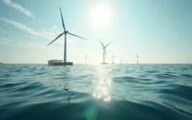Ein sonnendurchfluteter Morgen am ruhigen Küstenabschnitt mit klar sichtbaren, modernen Offshore-Windrädern vor sanftem Meereshorizont und im Vordergrund technologische, wasserdichte Container, die als Unterwasser-Rechenzentren dienen – ein harmonisches Zusammenspiel von nachhaltiger Energie und Hightech, das in natürlichem Licht Wärme und Fortschritt ausstrahlt.