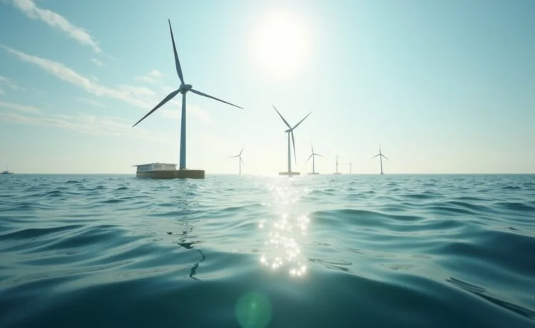 Ein sonnendurchfluteter Morgen am ruhigen Küstenabschnitt mit klar sichtbaren, modernen Offshore-Windrädern vor sanftem Meereshorizont und im Vordergrund technologische, wasserdichte Container, die als Unterwasser-Rechenzentren dienen – ein harmonisches Zusammenspiel von nachhaltiger Energie und Hightech, das in natürlichem Licht Wärme und Fortschritt ausstrahlt.