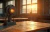 Ein stimmungsvolles, natürlich beleuchtetes Redaktionsbild zeigt einen modernen Industrietisch mit einem historischen Dynamo-Bauteil, umgeben von skizzenhaften technischen Zeichnungen und sanftem Sonnenlicht, das eine warme Atmosphäre für Innovation und den Geist bahnbrechender Erfindungen ausstrahlt.