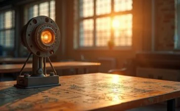 Ein stimmungsvolles, natürlich beleuchtetes Redaktionsbild zeigt einen modernen Industrietisch mit einem historischen Dynamo-Bauteil, umgeben von skizzenhaften technischen Zeichnungen und sanftem Sonnenlicht, das eine warme Atmosphäre für Innovation und den Geist bahnbrechender Erfindungen ausstrahlt.