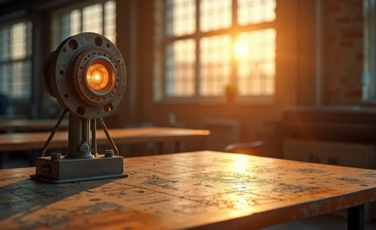 Ein stimmungsvolles, natürlich beleuchtetes Redaktionsbild zeigt einen modernen Industrietisch mit einem historischen Dynamo-Bauteil, umgeben von skizzenhaften technischen Zeichnungen und sanftem Sonnenlicht, das eine warme Atmosphäre für Innovation und den Geist bahnbrechender Erfindungen ausstrahlt.