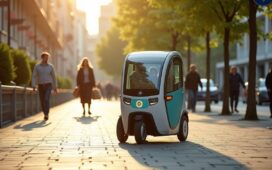 In einem sonnendurchfluteten urbanen Umfeld rollt ein modernes, kompaktes, elektrisch betriebenes Lieferfahrzeug mit klar erkennbarer Technik wie Kameras und Sensoren ruhig und selbstständig über einen Bürgersteig, während im Hintergrund freundliche Passant:innen entspannt ihre Einkäufe tragen und grüne Stadtbäume eine warme, einladende Atmosphäre schaffen.