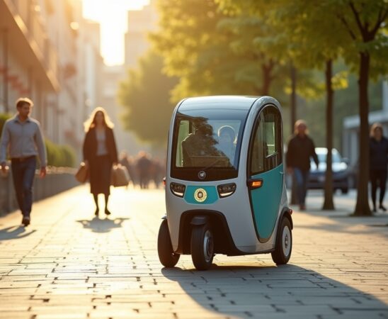 In einem sonnendurchfluteten urbanen Umfeld rollt ein modernes, kompaktes, elektrisch betriebenes Lieferfahrzeug mit klar erkennbarer Technik wie Kameras und Sensoren ruhig und selbstständig über einen Bürgersteig, während im Hintergrund freundliche Passant:innen entspannt ihre Einkäufe tragen und grüne Stadtbäume eine warme, einladende Atmosphäre schaffen.