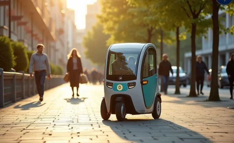 In einem sonnendurchfluteten urbanen Umfeld rollt ein modernes, kompaktes, elektrisch betriebenes Lieferfahrzeug mit klar erkennbarer Technik wie Kameras und Sensoren ruhig und selbstständig über einen Bürgersteig, während im Hintergrund freundliche Passant:innen entspannt ihre Einkäufe tragen und grüne Stadtbäume eine warme, einladende Atmosphäre schaffen.