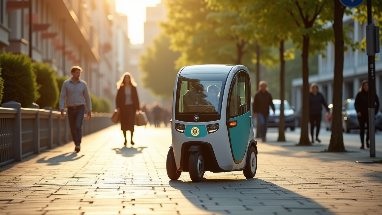 In einem sonnendurchfluteten urbanen Umfeld rollt ein modernes, kompaktes, elektrisch betriebenes Lieferfahrzeug mit klar erkennbarer Technik wie Kameras und Sensoren ruhig und selbstständig über einen Bürgersteig, während im Hintergrund freundliche Passant:innen entspannt ihre Einkäufe tragen und grüne Stadtbäume eine warme, einladende Atmosphäre schaffen.