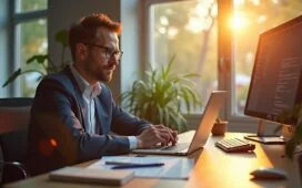 Ein strahlend helles, natürlich beleuchtetes Büro mit einem nachdenklich-fokussierten Profi am Schreibtisch, umgeben von modernen Computern und Technologie, der im warmen Tageslicht eine digitale Welt zwischen Fortschritt und Sorge reflektiert.