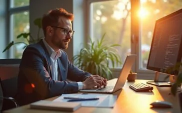 Ein strahlend helles, natürlich beleuchtetes Büro mit einem nachdenklich-fokussierten Profi am Schreibtisch, umgeben von modernen Computern und Technologie, der im warmen Tageslicht eine digitale Welt zwischen Fortschritt und Sorge reflektiert.